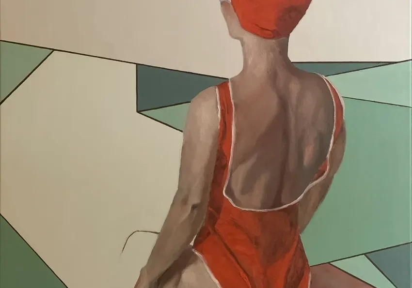 Geometric background with seated woman